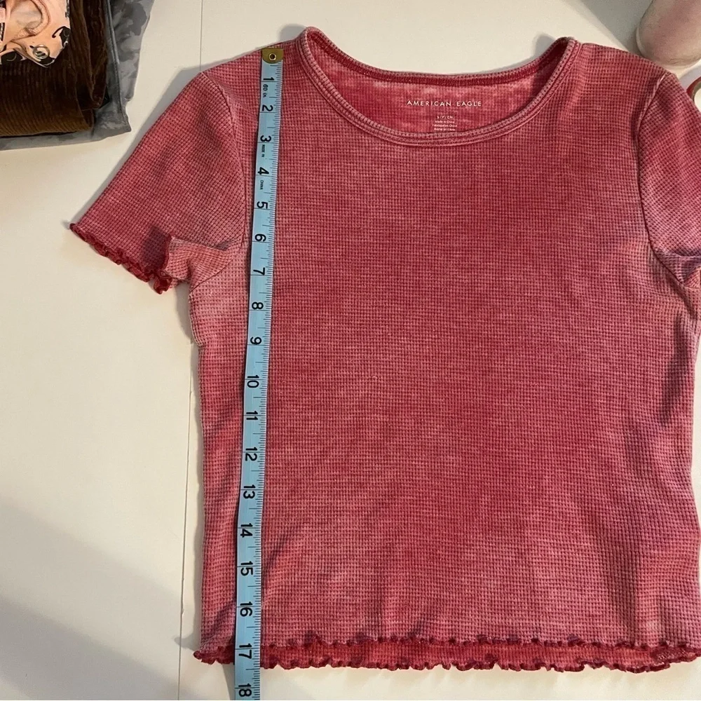 American Eagle Burnout Red Waffle Baby Tee Short Sleeve Lettuce Hem Size Small